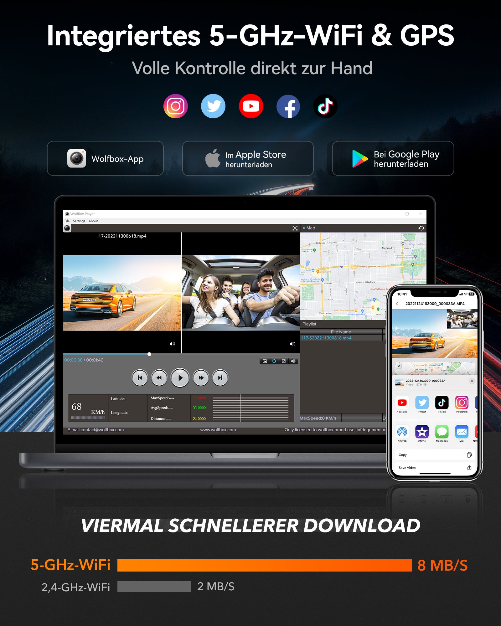 WOLFBOX i17 4K+1080P+1080P 5G WiFi Super IR Nachtsicht-Dashcam