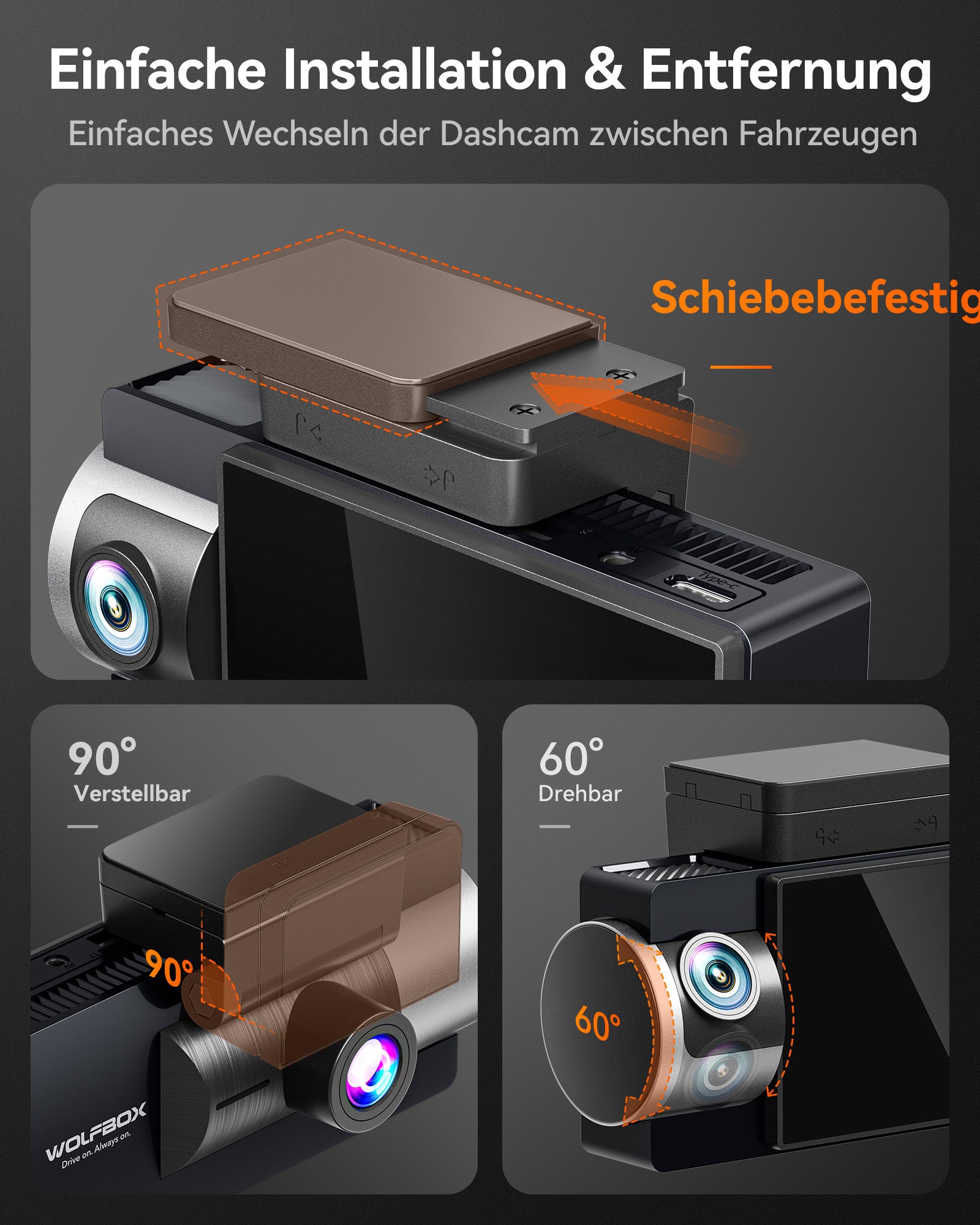 WOLFBOX i17 4K+1080P+1080P 5G WiFi Super IR Nachtsicht-Dashcam