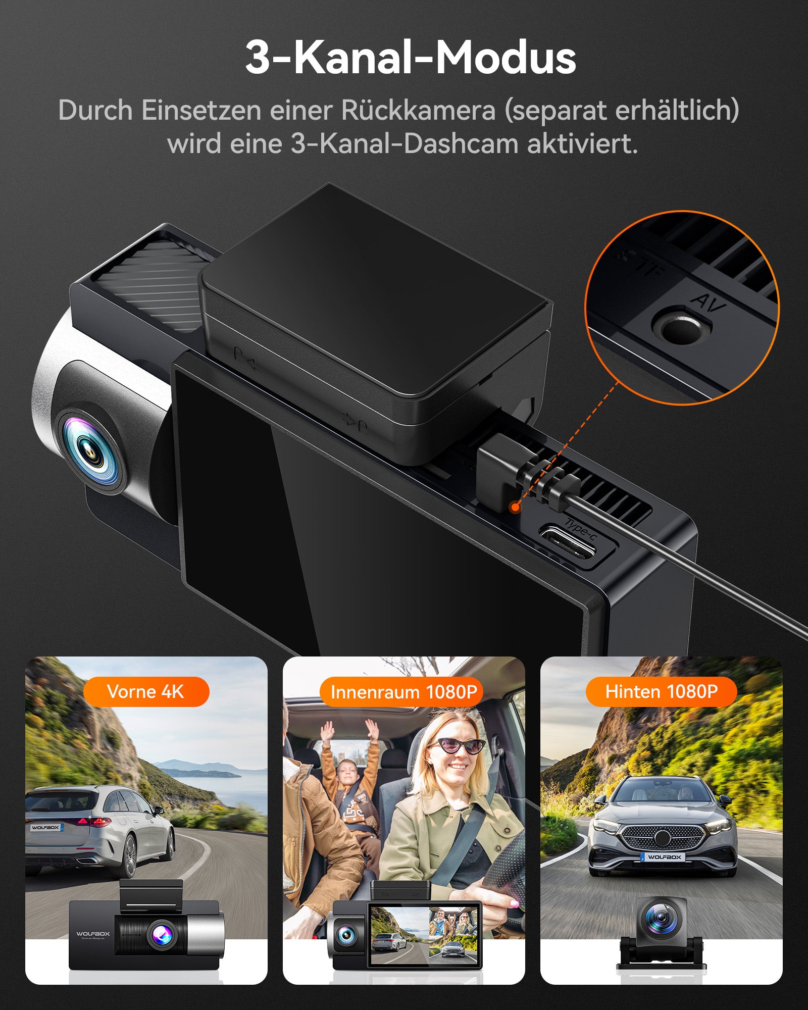 WOLFBOX i17 4K+1080P+1080P 5G WiFi Super IR Nachtsicht-Dashcam