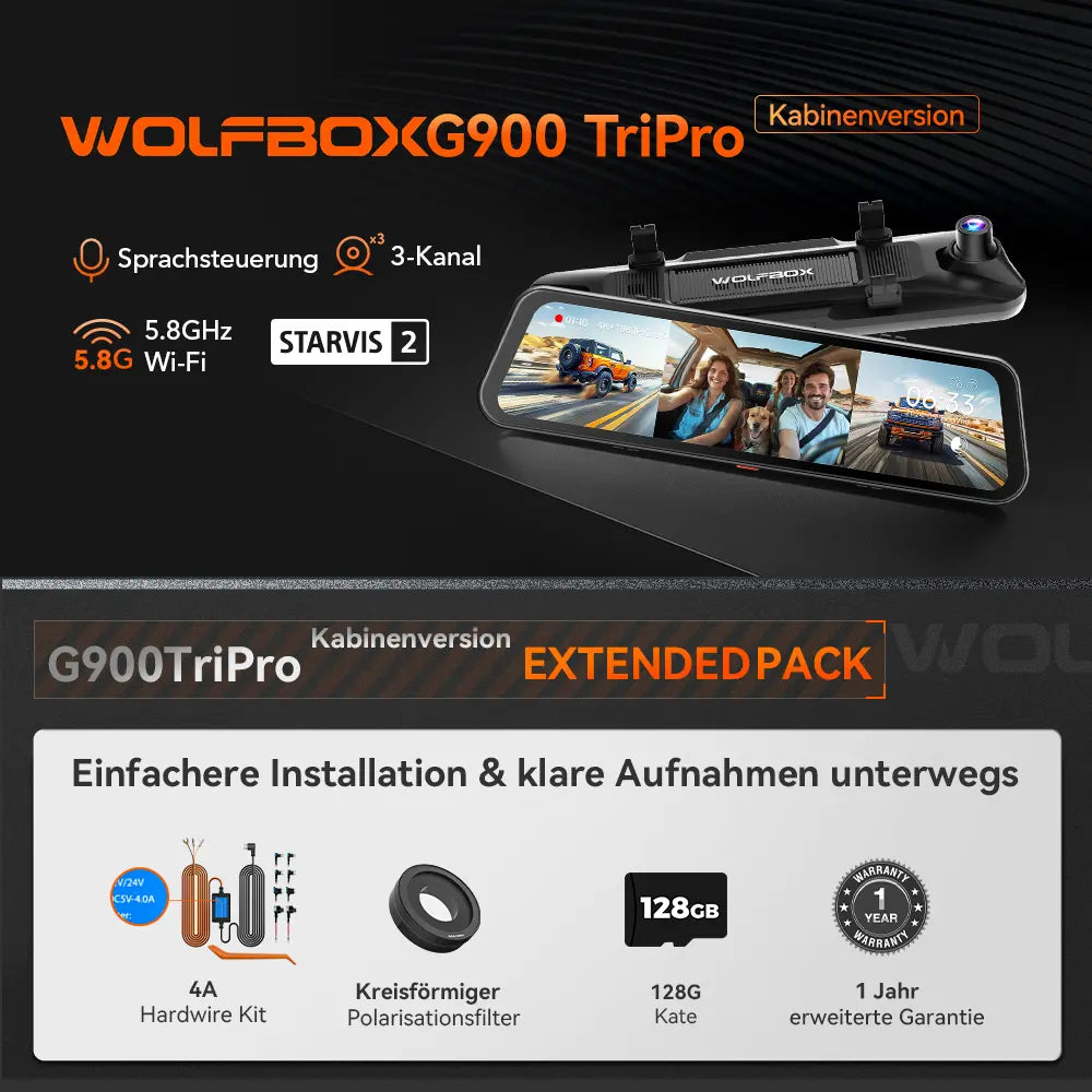 G900TriPro 4K+2,5K+1080P 3-Kanal Kabinen Monitor Spiegel Dashcam