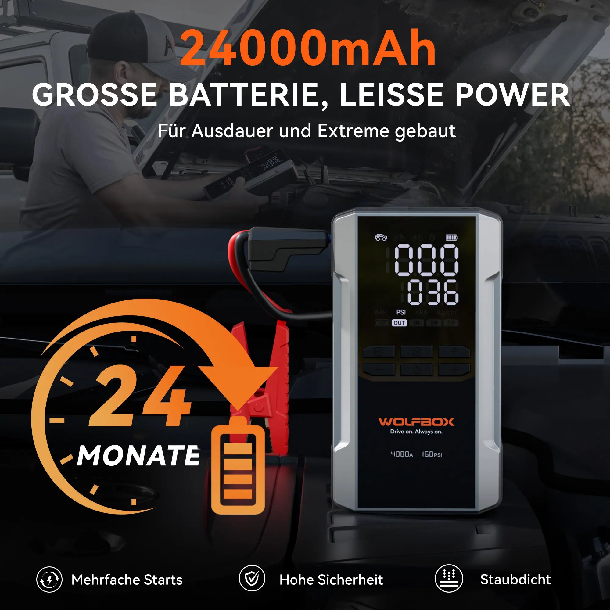 4-in-1 Starthilfe mit Luftkompressor | MegaVolt 24Air