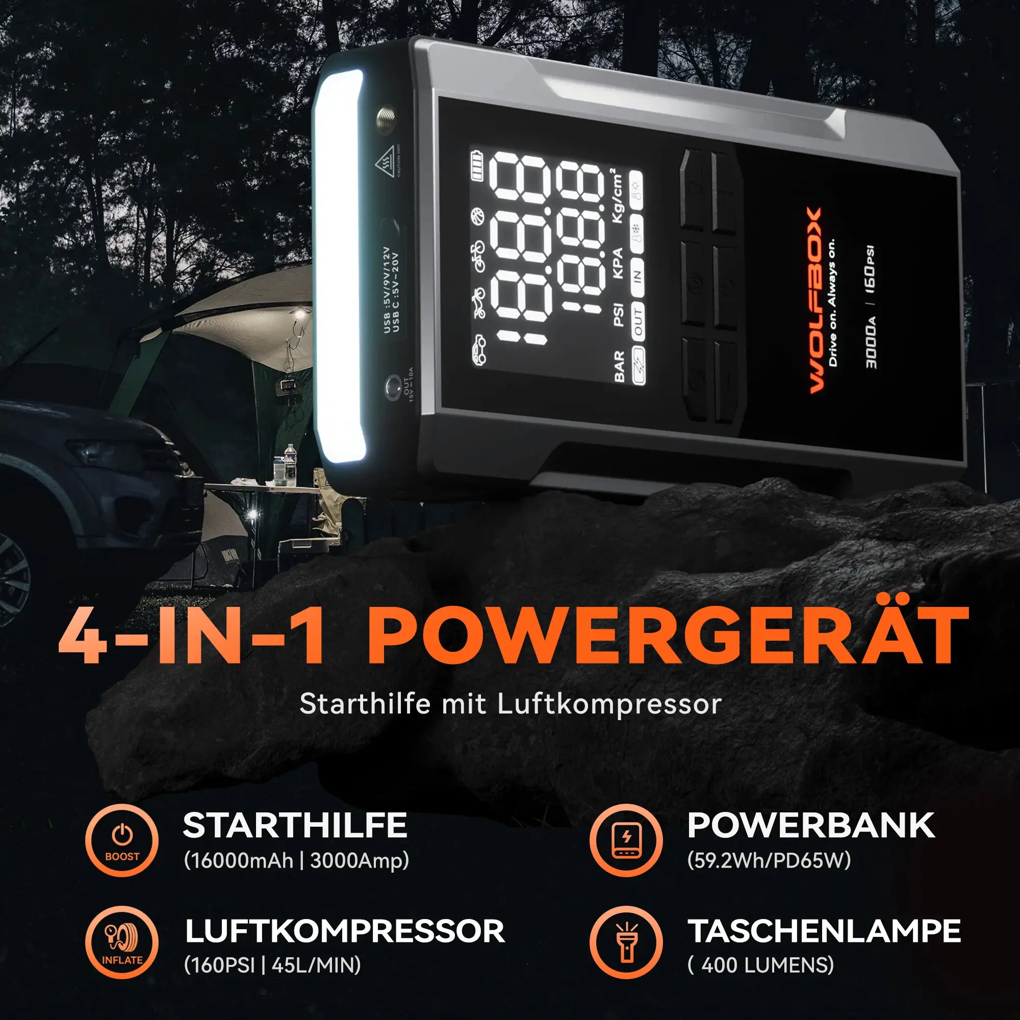 4-in-1 Starthilfe mit Luftkompressor | MegaVolt 16Air