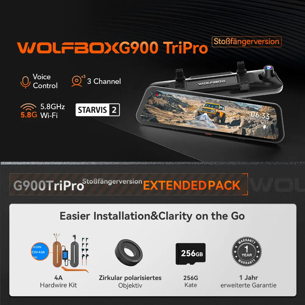 WOLFBOX G900TriPro Stoßfänger-Version 3-Kanal Rückspiegel-Dashcam