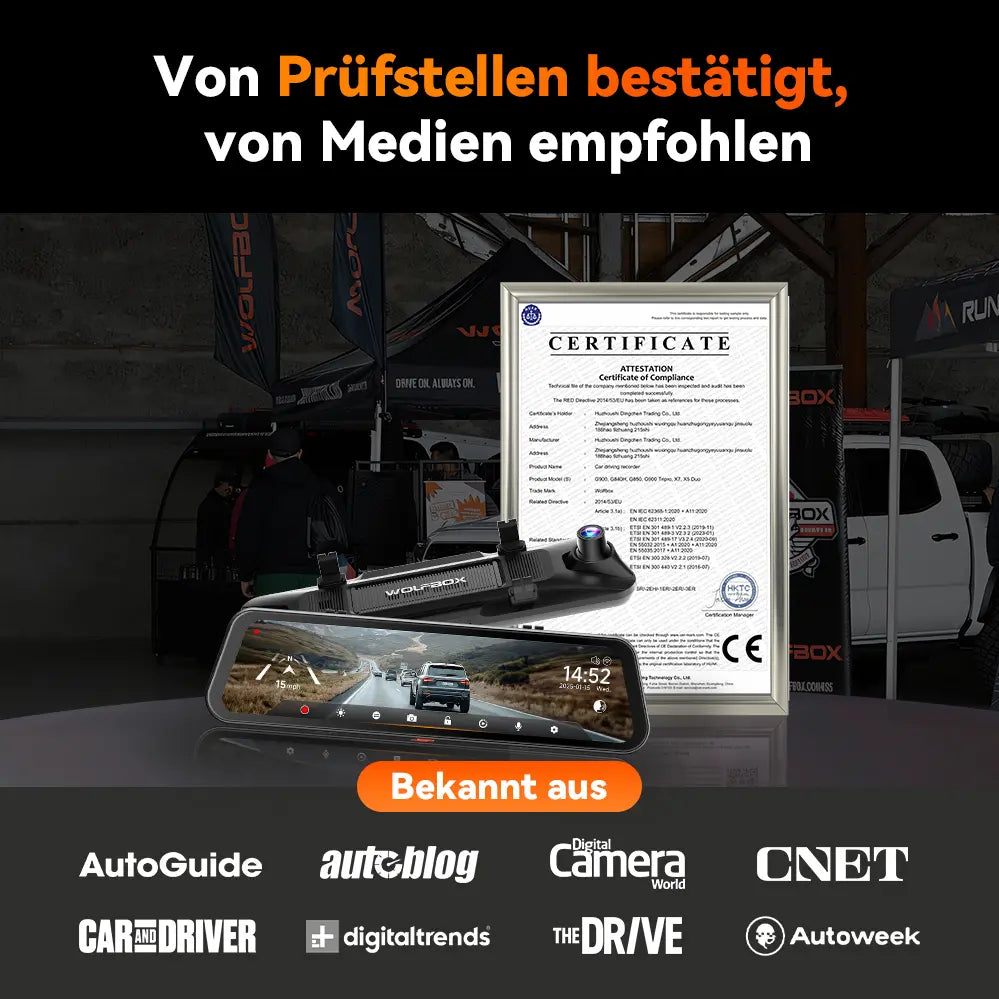 WOLFBOX 12'' 4K Sony STARVIS 2 Touchscreen Rückspiegel-Dashcam mit 30 Monate Garantie