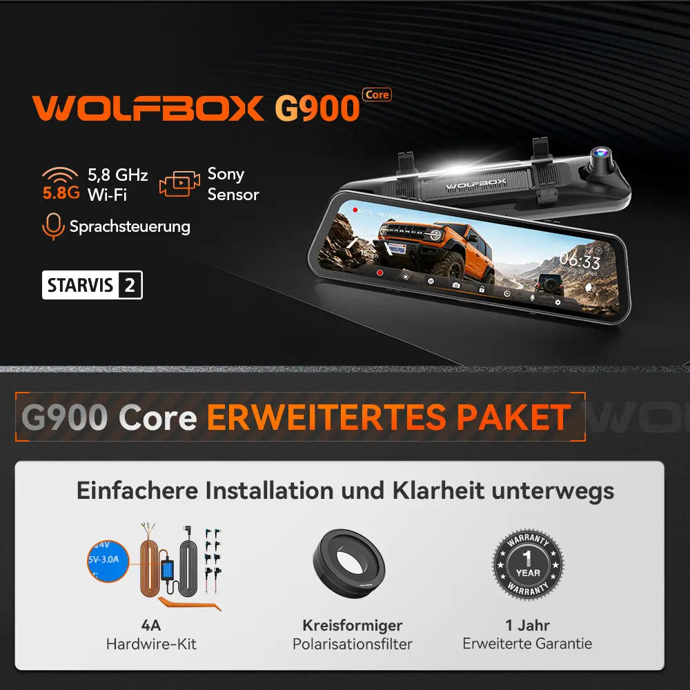 WOLFBOX G900 Core 12" 4K Front- und 1080P Rückkamera STARVIS 2 IMX678 Spiegel-Dashcam