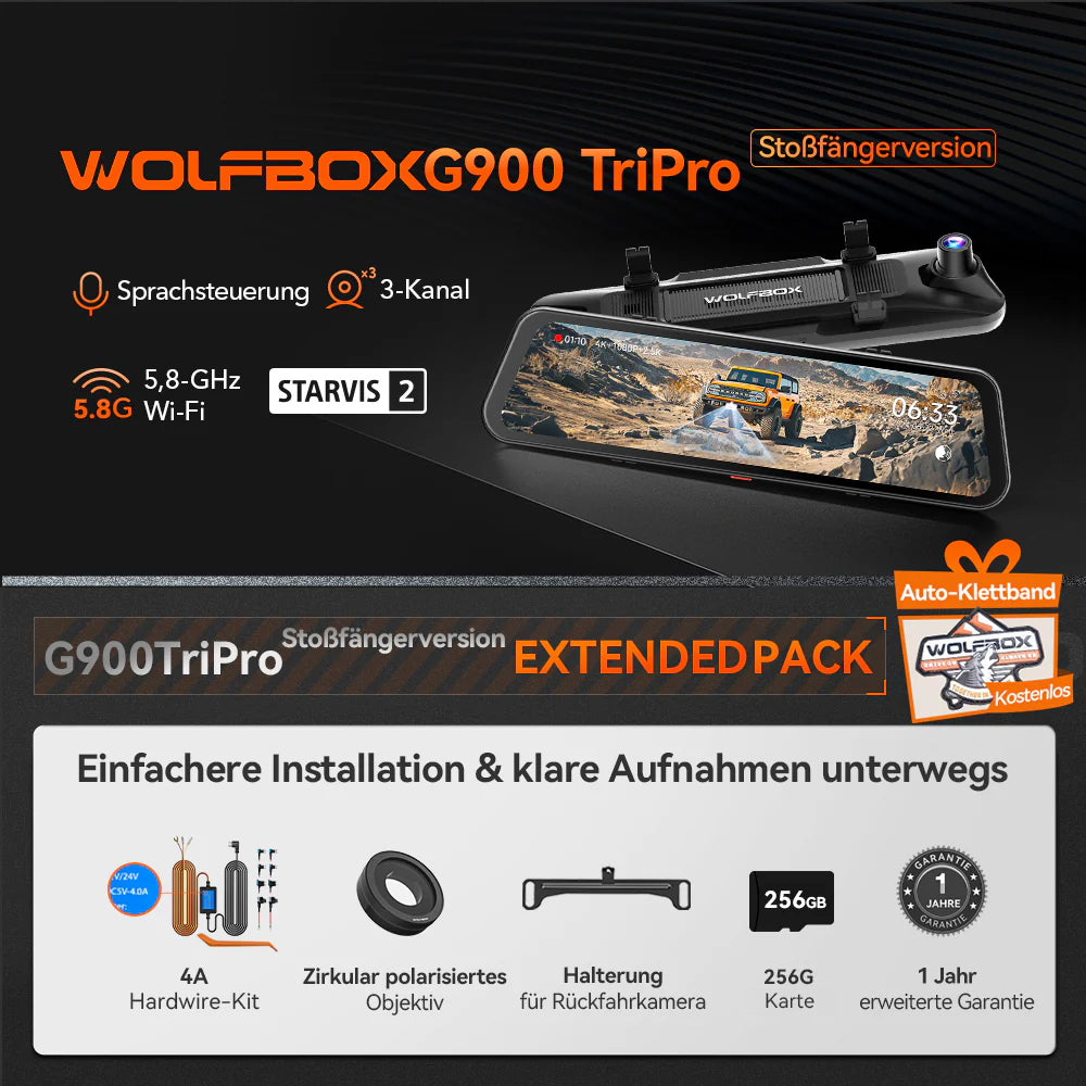 WOLFBOX G900 TriPro Stoßfänger-Version 3-Kanal Rückspiegel-Dashcam