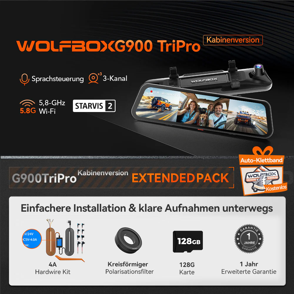 G900 TriPro 4K+2,5K+1080P 3-Kanal Kabinen Monitor Spiegel Dashcam