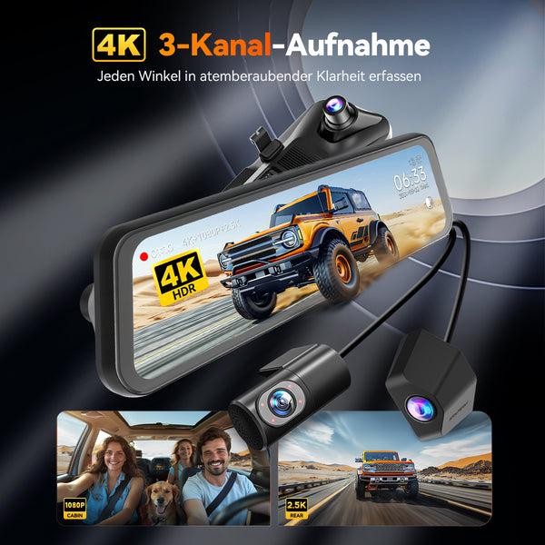 G900TriPro 4K+2,5K+1080P 3-Kanal Kabinen Monitor Spiegel Dashcam