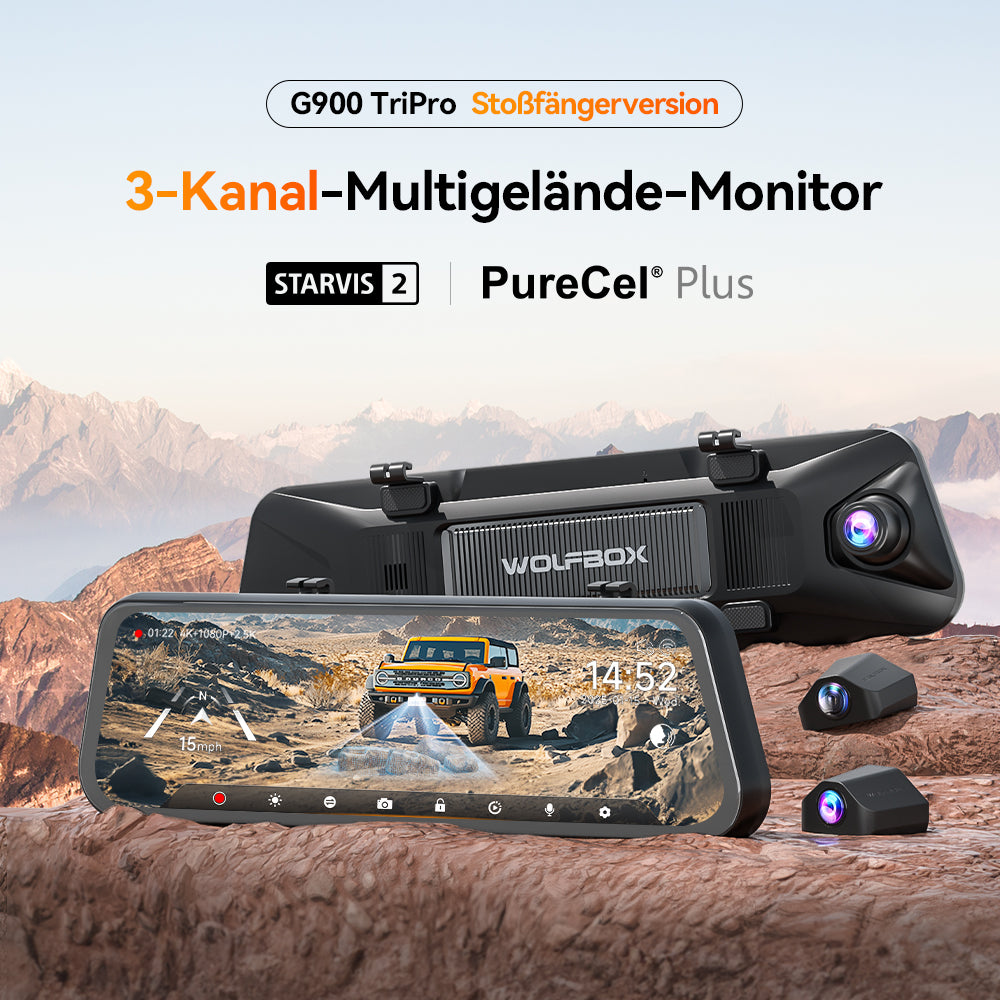 WOLFBOX G900 TriPro Stoßfänger-Version 3-Kanal Rückspiegel-Dashcam