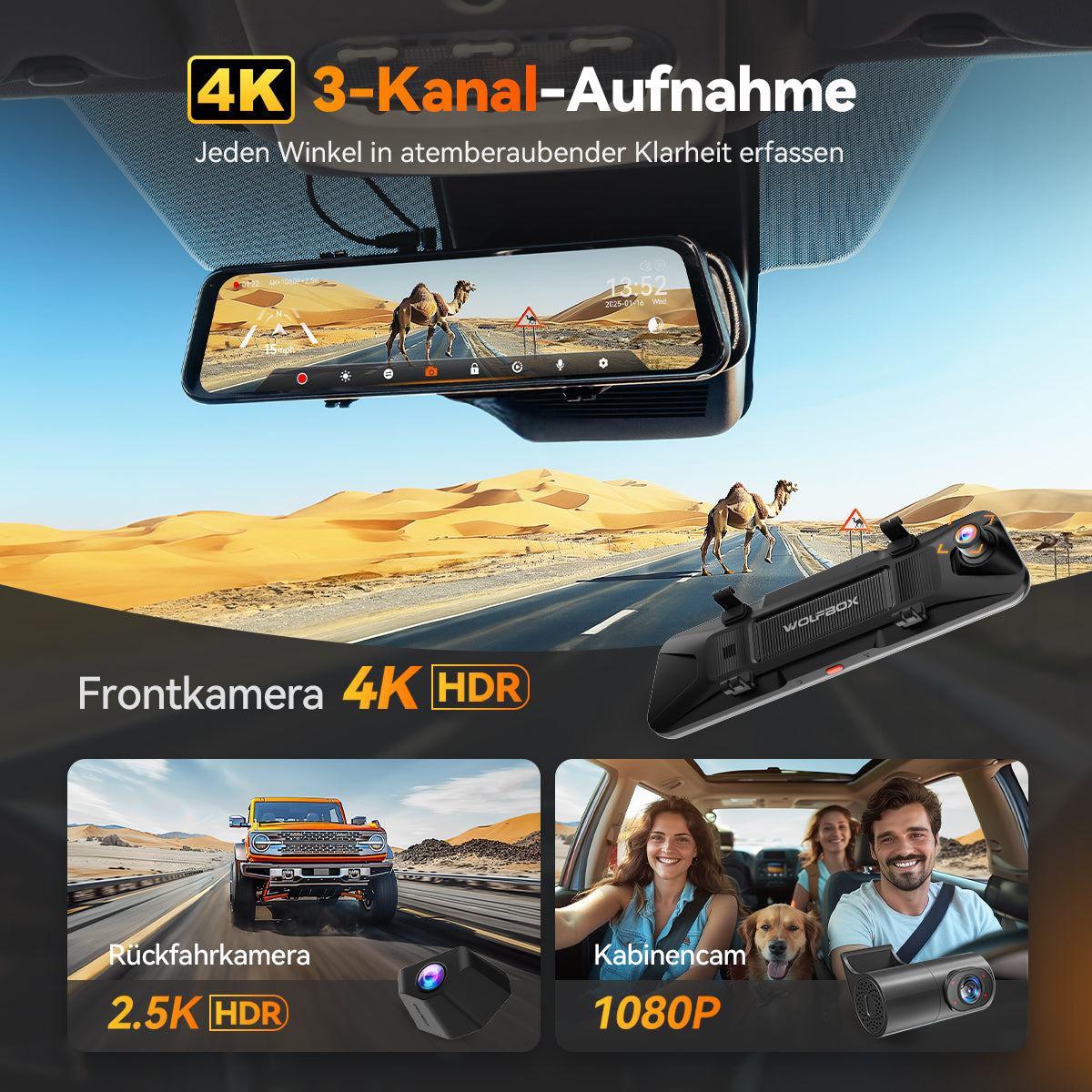G900 TriPro 4K+2,5K+1080P 3-Kanal Kabinen Monitor Spiegel Dashcam