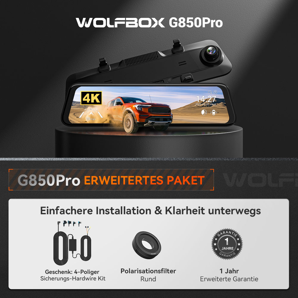 Wolfbox G850Pro Dashcam | 4K Wifi Auto Dashcam mit Front- und Rückspiegelkamera