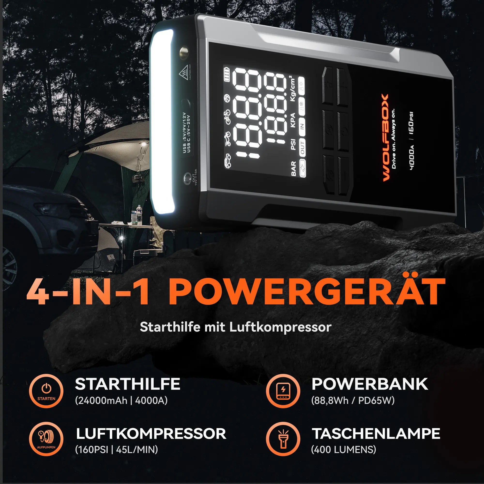 4-in-1 Starthilfe mit Luftkompressor | MegaVolt 24Air