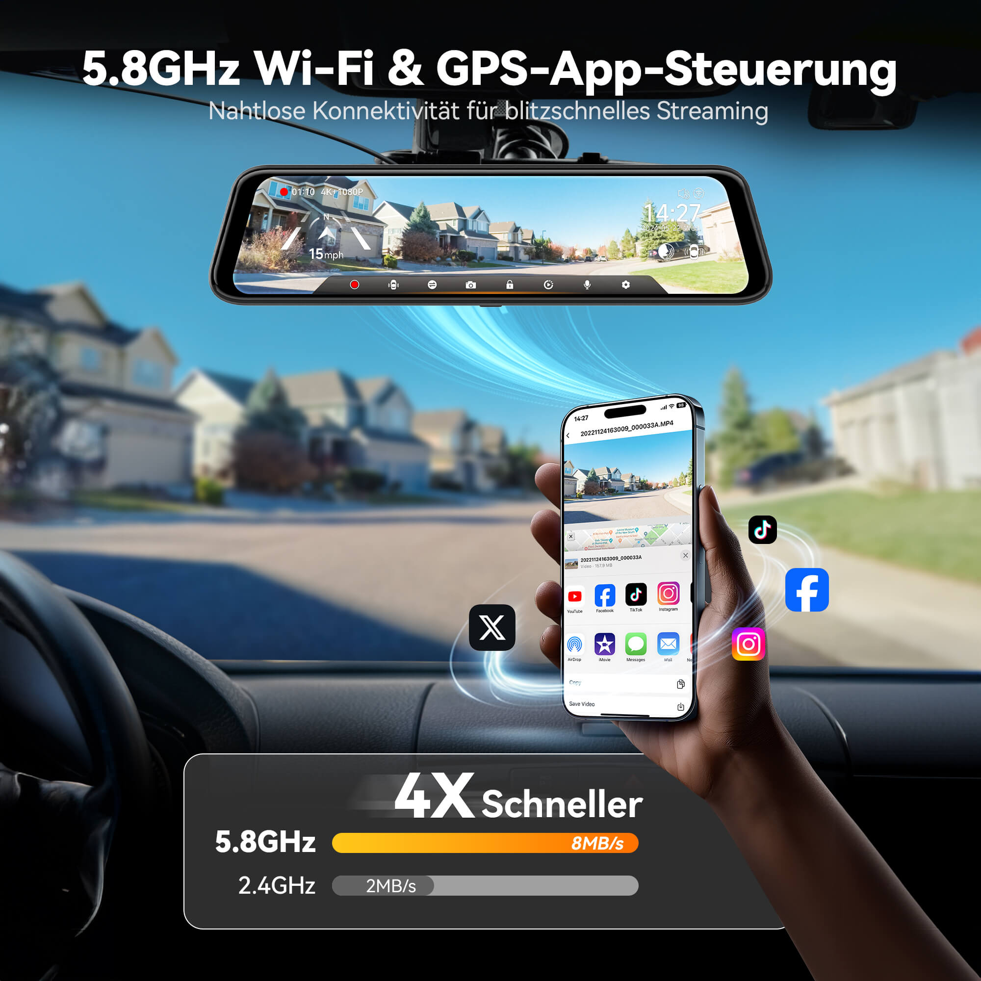 Wolfbox G850Pro Dashcam | 4K Wifi Auto Dashcam mit Front- und Rückspiegelkamera