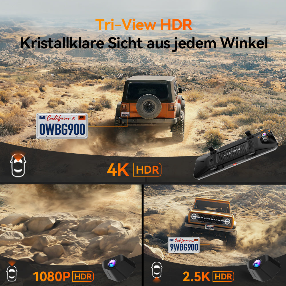 WOLFBOX G900 TriPro Stoßfänger-Version 3-Kanal Rückspiegel-Dashcam