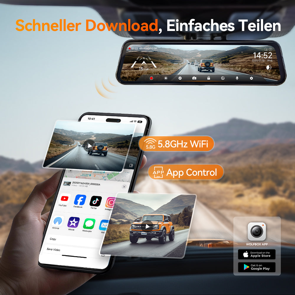 WOLFBOX G900 TriPro Stoßfänger-Version 3-Kanal Rückspiegel-Dashcam