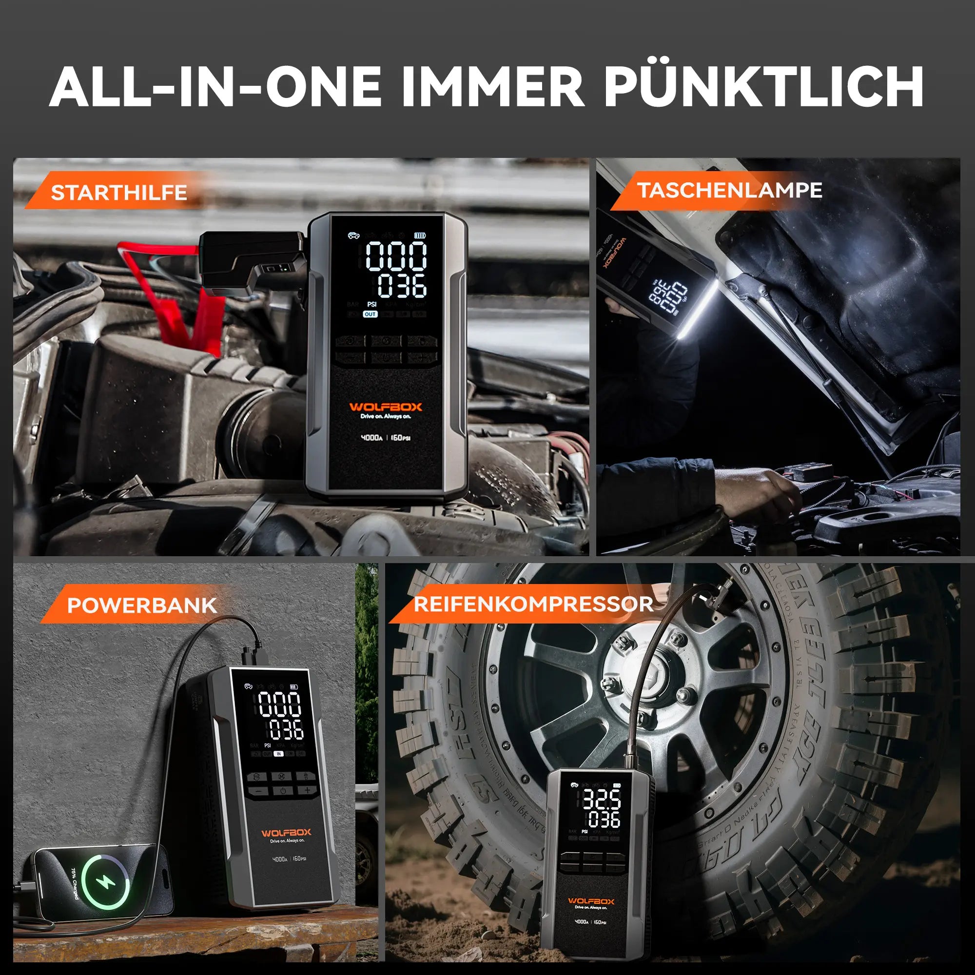 4-in-1 Starthilfe mit Luftkompressor | MegaVolt 24Air