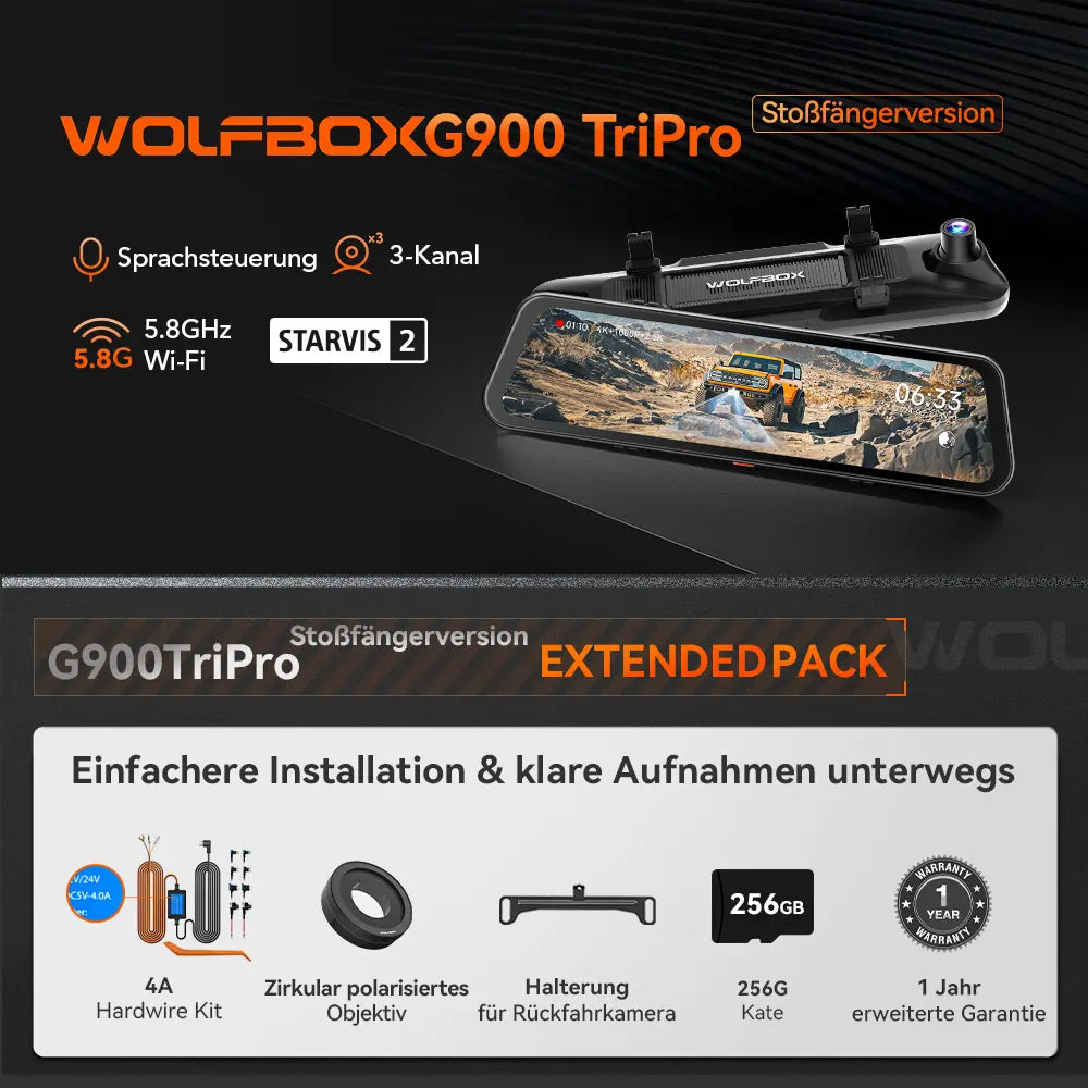 WOLFBOX G900TriPro Stoßfänger-Version 3-Kanal Rückspiegel-Dashcam