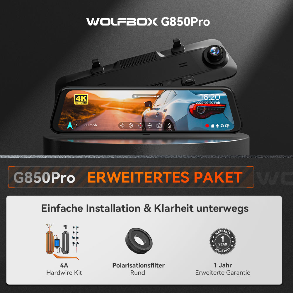 Wolfbox G850Pro Dashcam | 4K Wifi Auto Dashcam mit Front- und Rückspiegelkamera