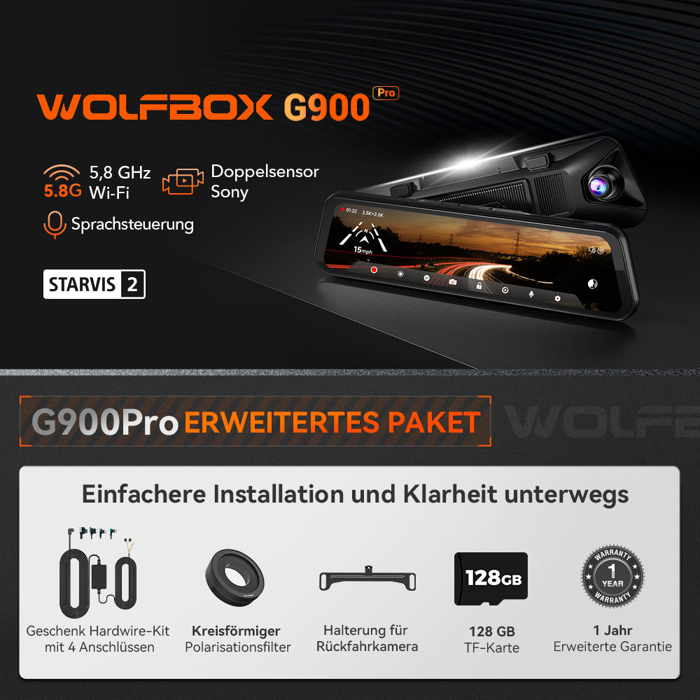 WOLFBOX G900Pro 12MP WiFi Touchscreen Rückspiegel Dashcam Smart Spiegel