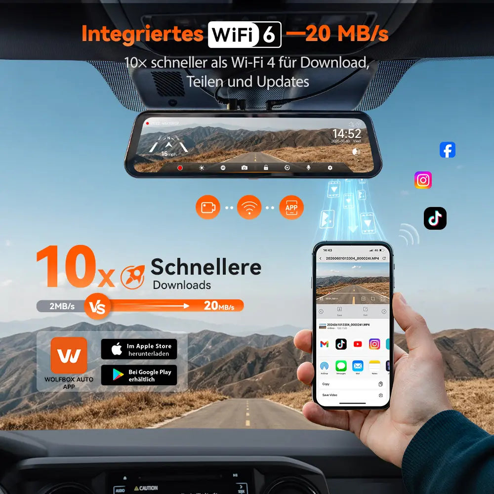 WOLFBOX G900 Core 12" 4K Front- und 1080P Rückkamera STARVIS 2 IMX678 Spiegel-Dashcam