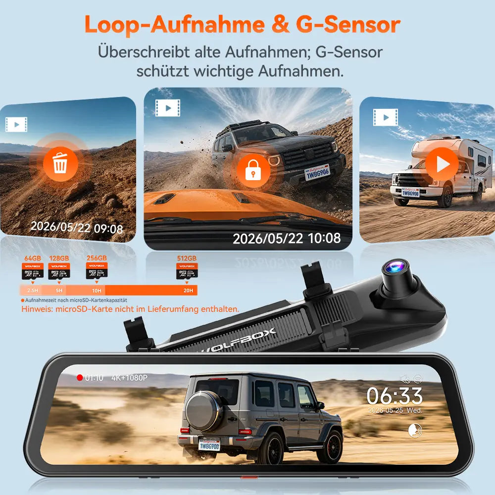 WOLFBOX G900 Core 12" 4K Front- und 1080P Rückkamera STARVIS 2 IMX678 Spiegel-Dashcam