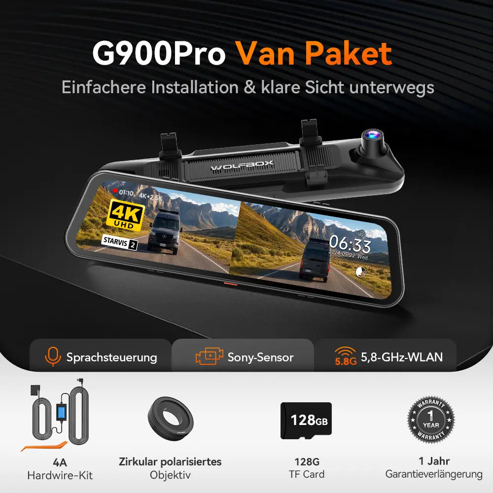WOLFBOX G900Pro Smarte Rückspiegel-Dashcam mit Rückfahrkamera