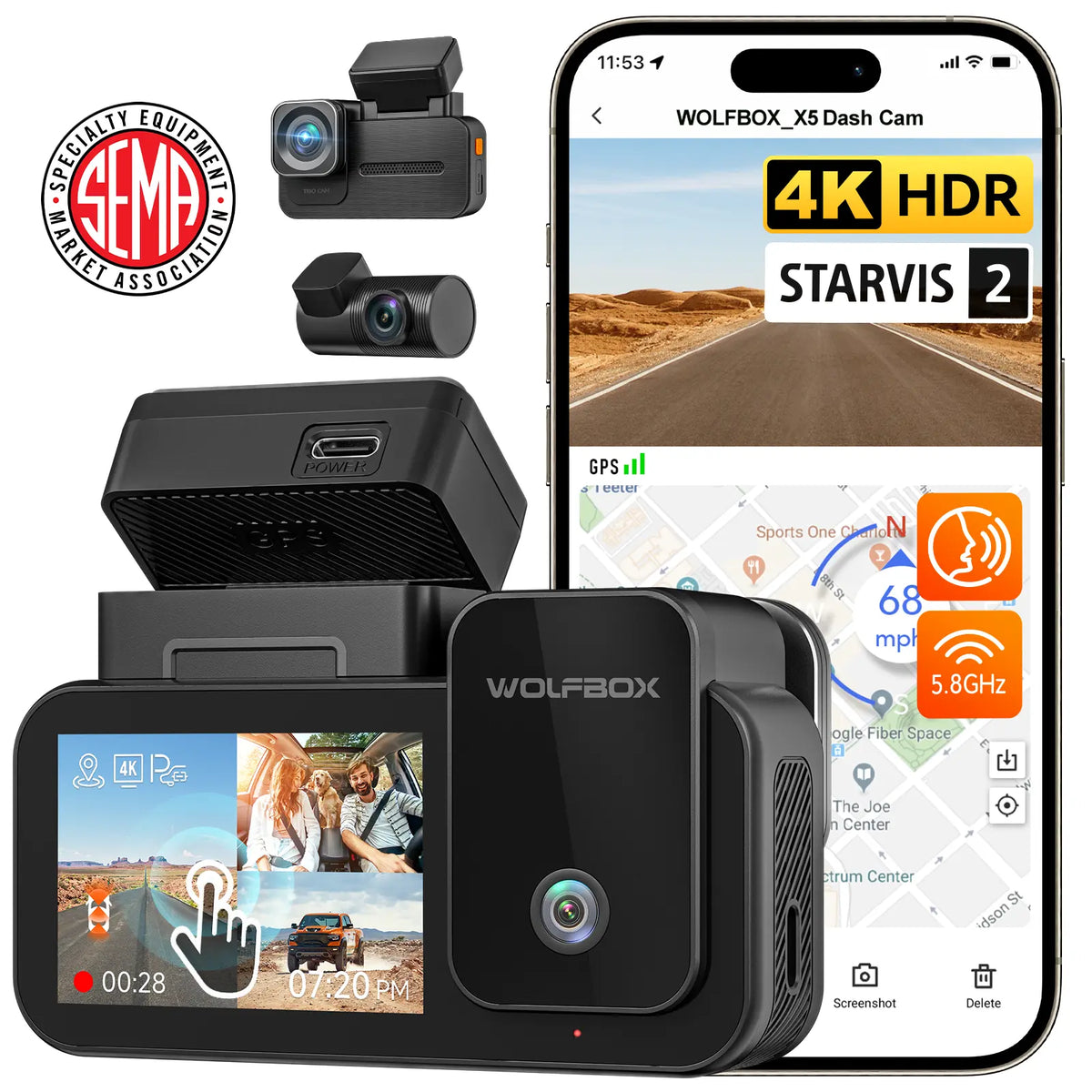 WOLFBOX X5 3-Kanal Touchscreen-WLAN Mini-Dashcam
