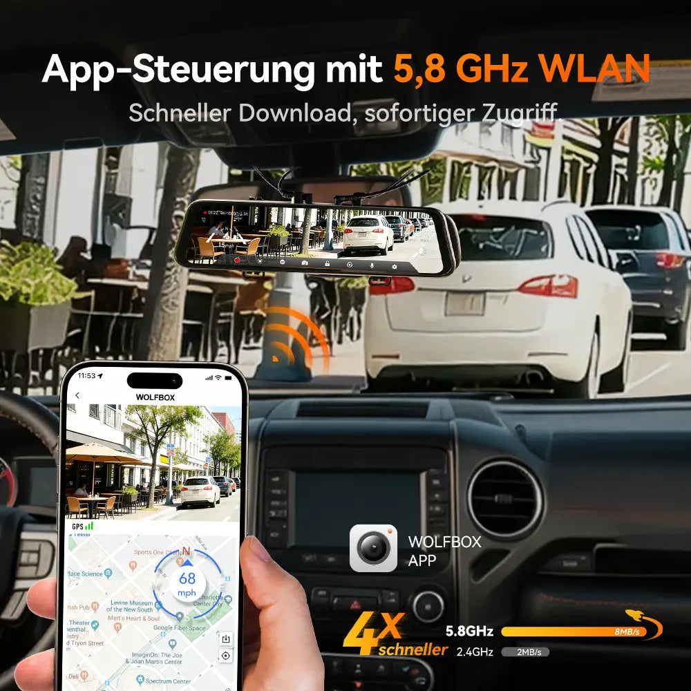 WOLFBOX 12'' 4K Sony STARVIS 2 Touchscreen Rückspiegel-Dashcam mit 30 Monate Garantie