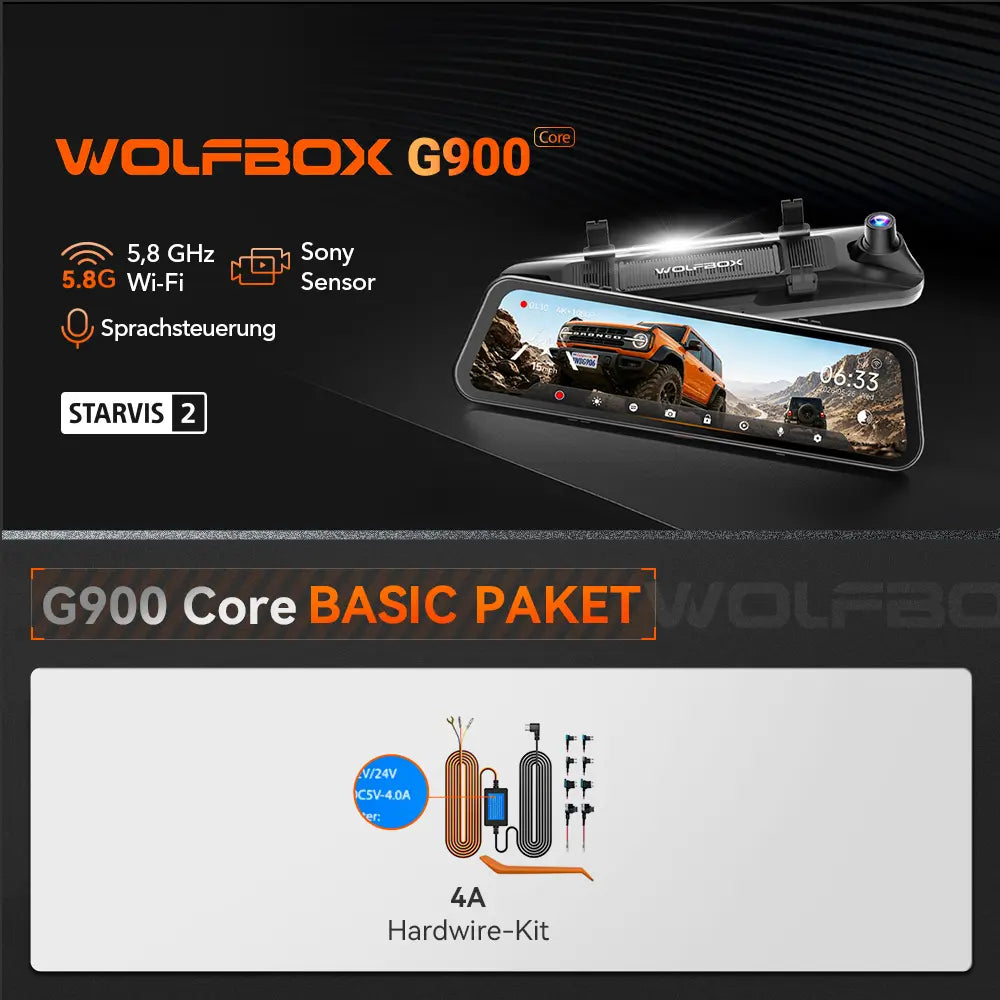 WOLFBOX G900 Core 12" 4K Front- und 1080P Rückkamera STARVIS 2 IMX678 Spiegel-Dashcam