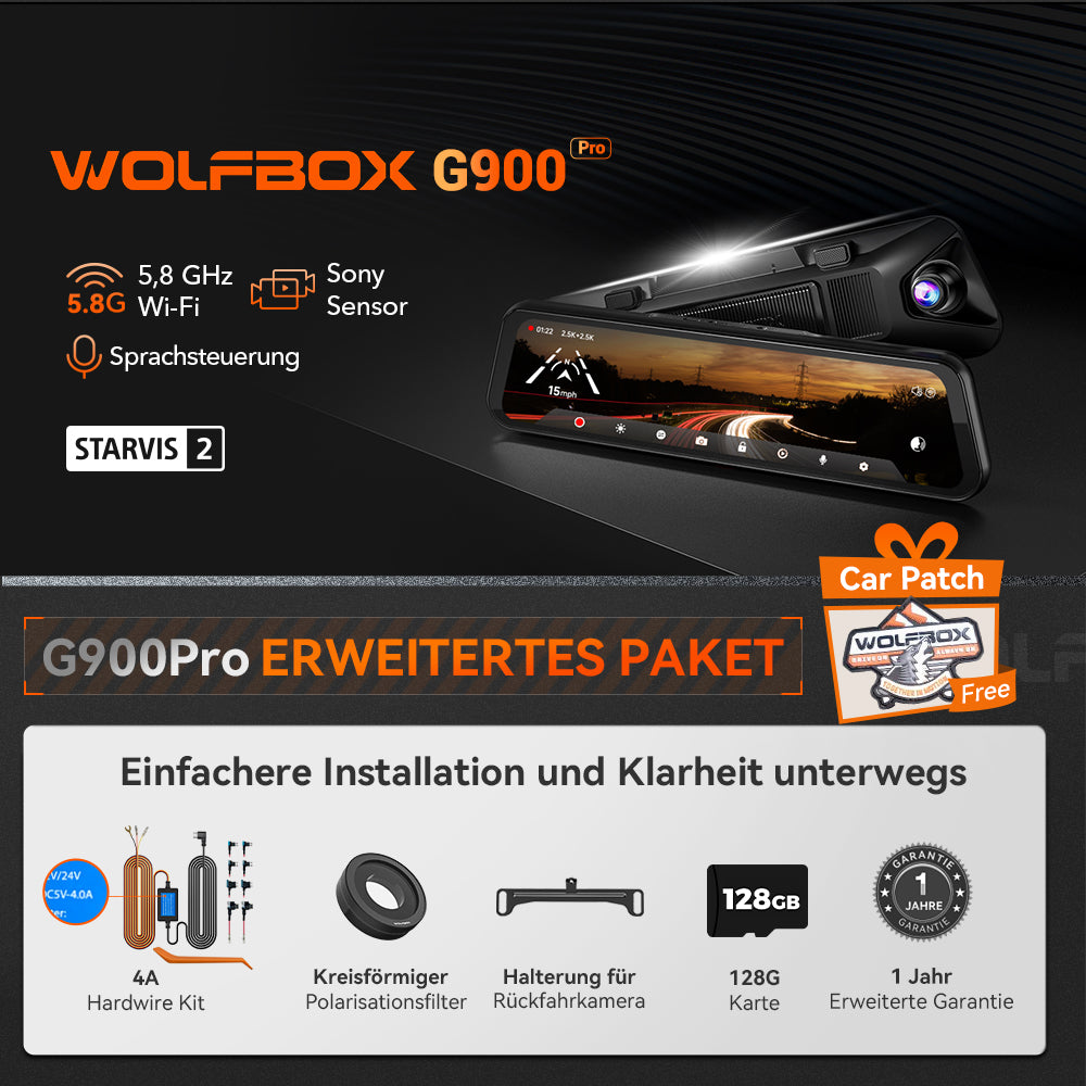 WOLFBOX G900Pro 12MP WiFi Smart Touchscreen Rückspiegel Dashcam Spiegel