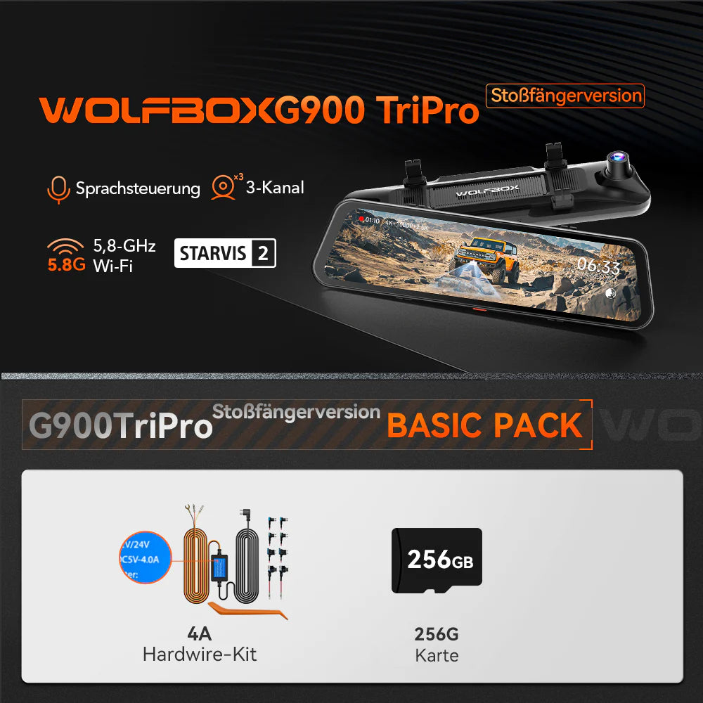 WOLFBOX G900 TriPro Stoßfänger-Version 3-Kanal Rückspiegel-Dashcam