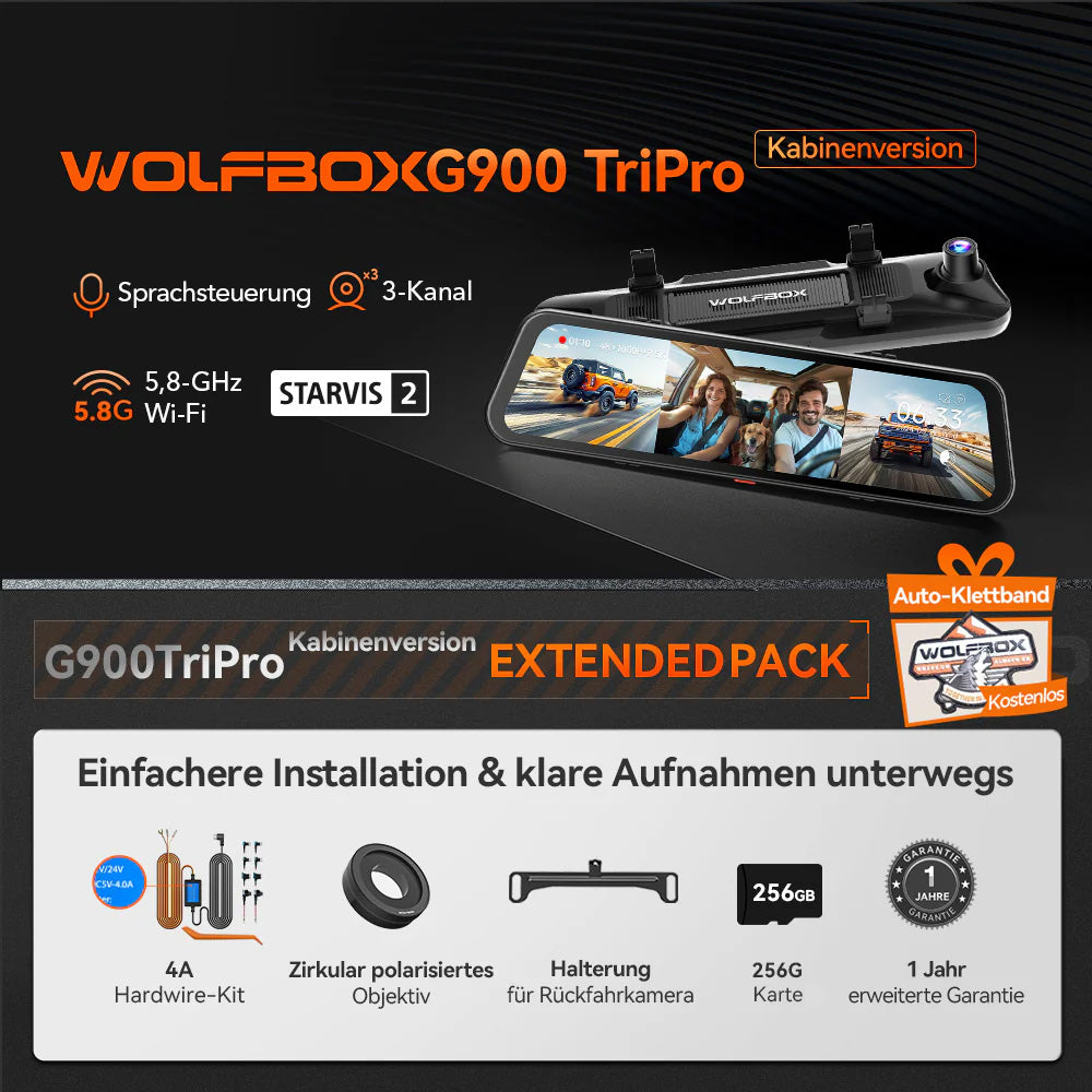 G900 TriPro 4K+2,5K+1080P 3-Kanal Kabinen Monitor Spiegel Dashcam