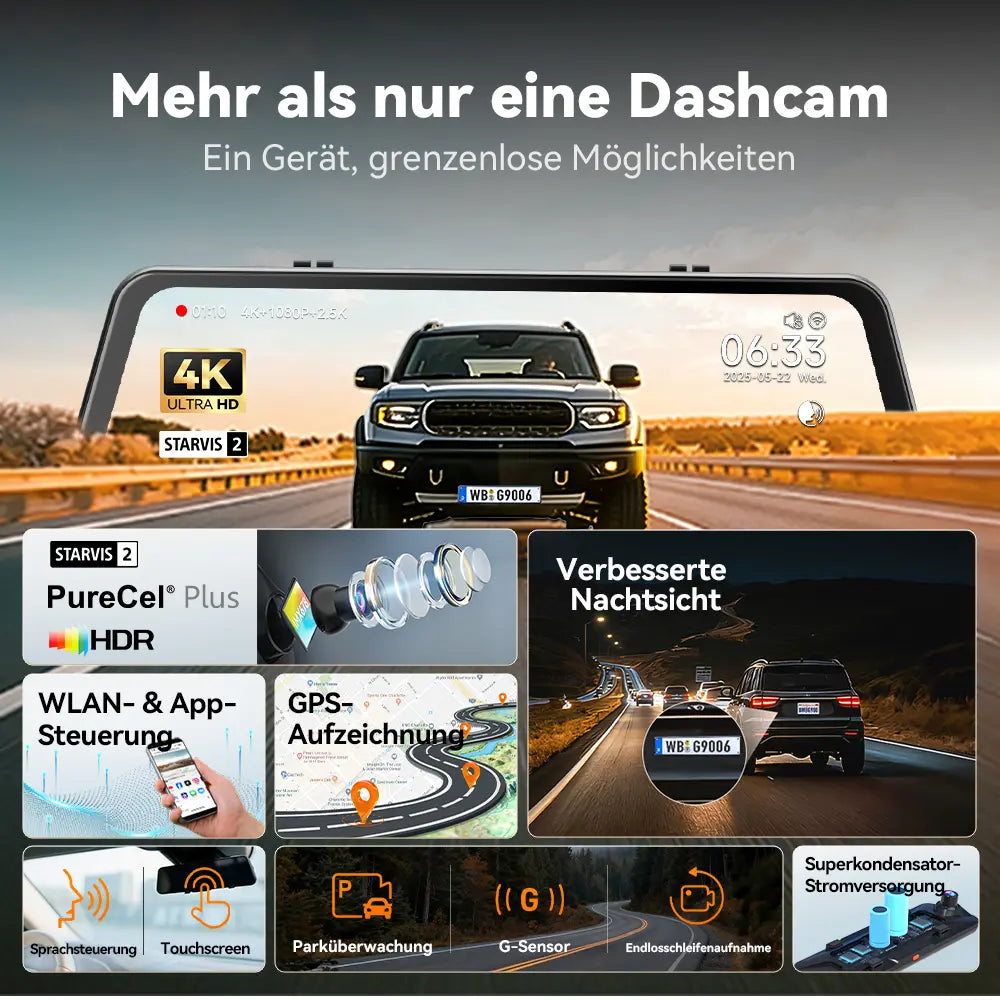 WOLFBOX 12'' 4K Sony STARVIS 2 Touchscreen Rückspiegel-Dashcam mit 30 Monate Garantie