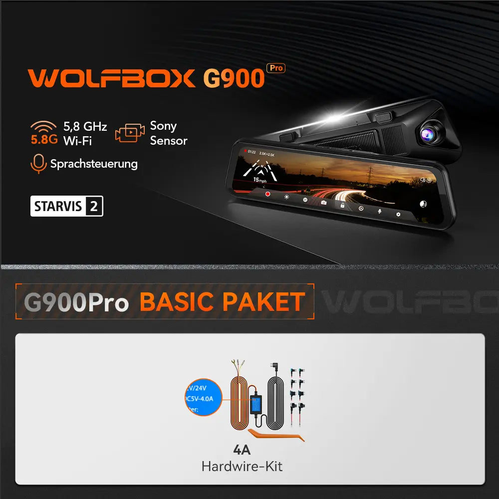 WOLFBOX G900Pro 12MP WiFi Touchscreen Rückspiegel Dashcam Smart Spiegel