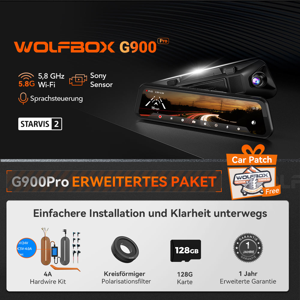 WOLFBOX G900Pro 12MP WiFi Touchscreen Rückspiegel Dashcam Smart Spiegel