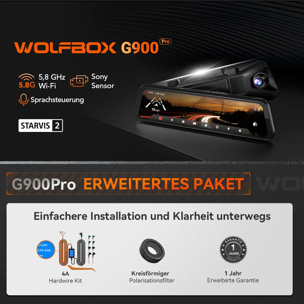 WOLFBOX G900Pro 12MP WiFi Touchscreen Rückspiegel Dashcam Smart Spiegel