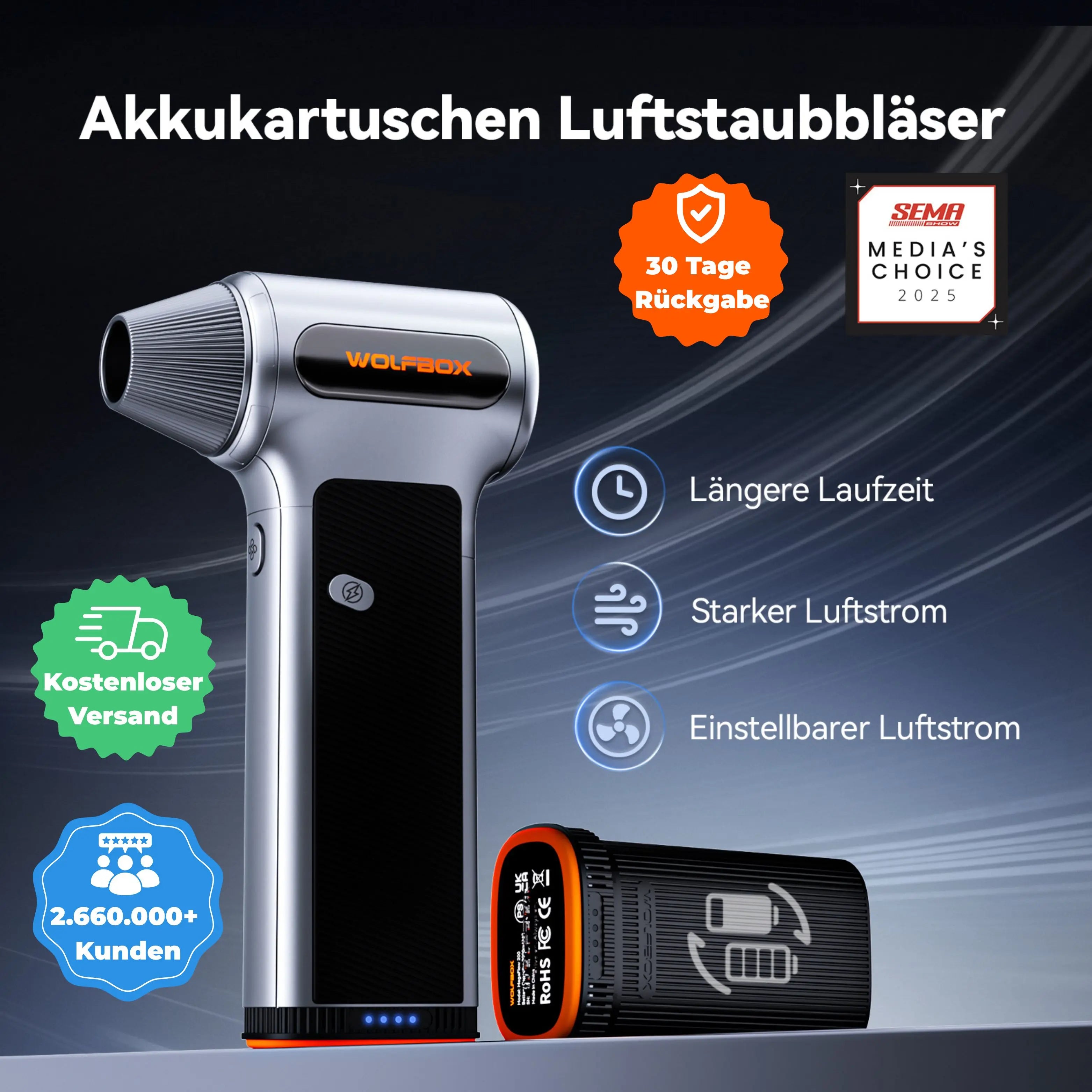 WOLFBOX MF200 Druckluftbläser – Wechselbare Batteriekassette